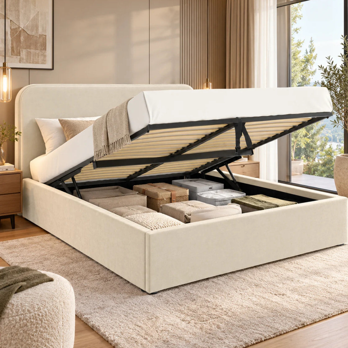 Vue lifestyle du lit coffre ANTON beige pour matelas 160x200 cm