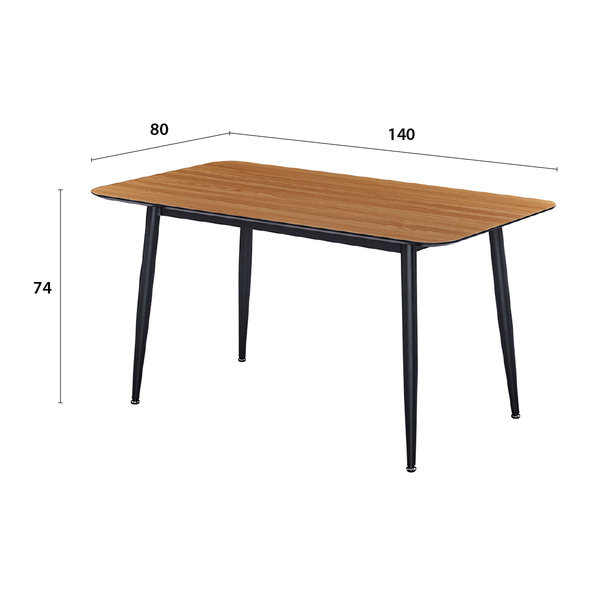 Détail des principales dimensions de la table à manger rectangulaire 4 - 6 places DIVA dimensions 140 x 80 cm en finition mélaminé imitation chêne