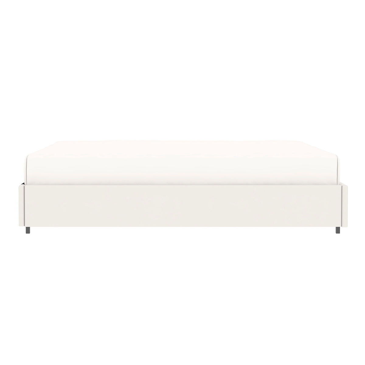 Vue de côté du lit plateforme LANCE 140x190 cm avec coffre de rangement en finition PU blanche - matelas non fourni