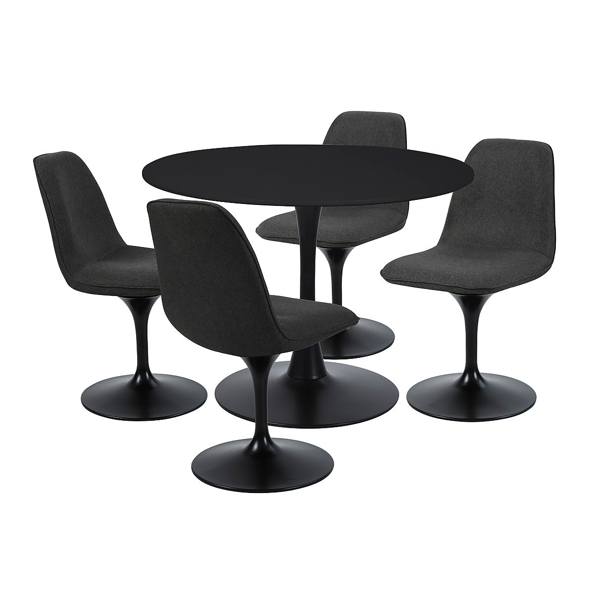 Vue d'ensemble de 4 chaises LORA finition tissu noir bronze associées à la table TULIPS plateau laqué noir et pied rond en métal noir