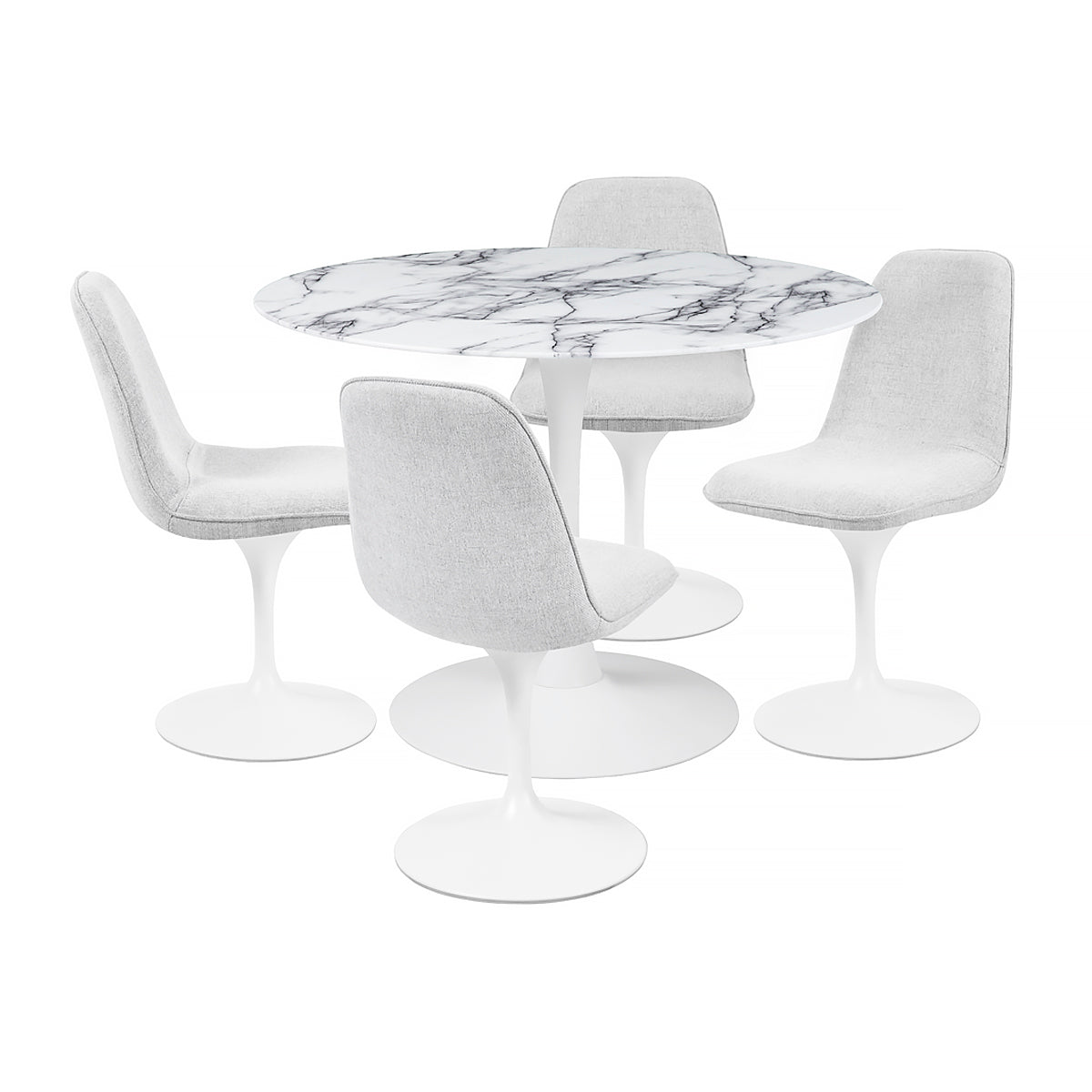 Vue d'ensemble de 4 chaises LORA finition tissu blanc gris clair associées à la table TULIPS plateau verre imitation marbre et pied rond en métal blanc