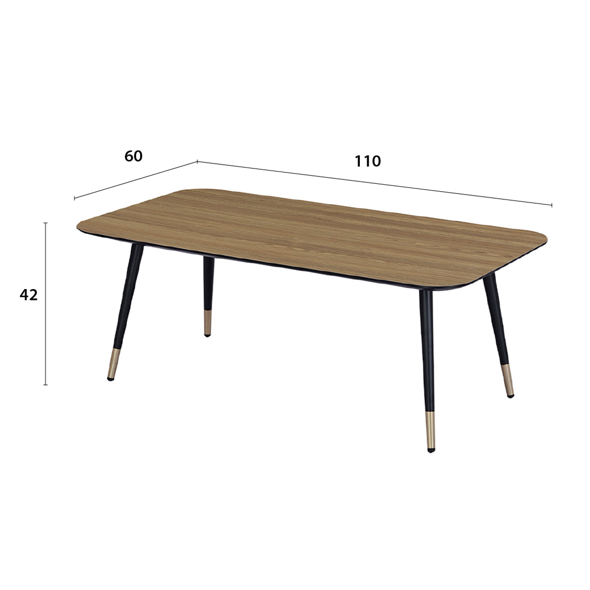 Détail des principales dimensions de la table basse rectangulaire MATIS dimensions 110 x 60 cm en finition mélaminé imitation chêne