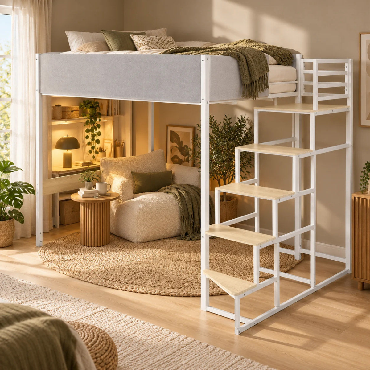 Lifestyle picture lit mezzanine chene blanc tissu gris DOCKLAND