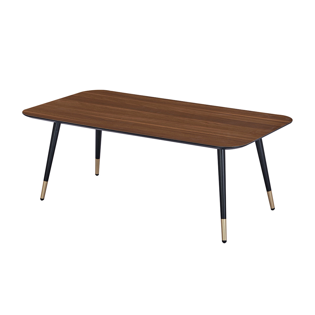 Table basse rectangulaire au plateau effet noyer et pieds noirs fuselés avec embouts dorés, design élégant et rétro, parfaite pour un salon moderne ou vintage.