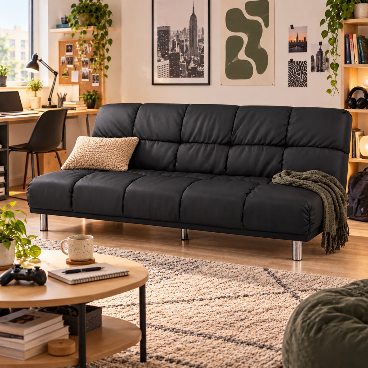 Vue lifestyle de la banquette clic clac MELLOW en finition PU noir
