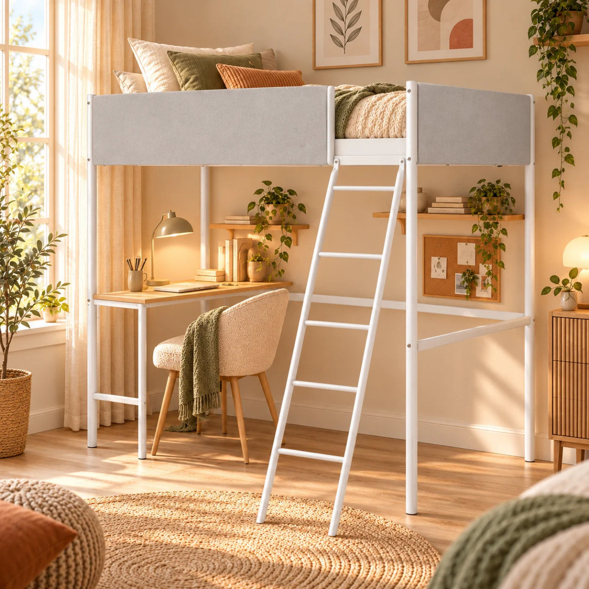 Lifestyle picture lit mezzanine chene blanc tissu gris ROZE