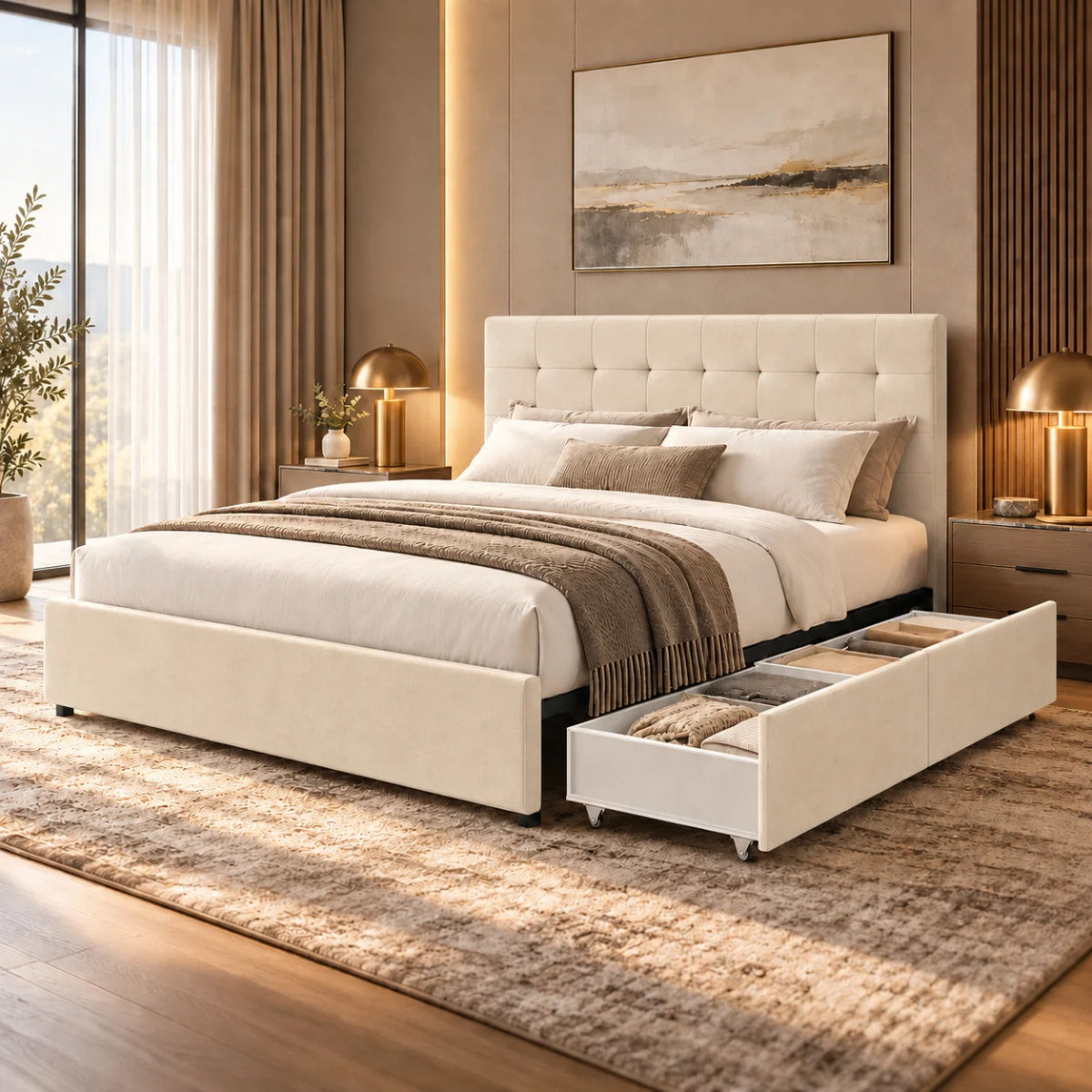 Lifestyle picture lit tiroirs beige ELLIE140
